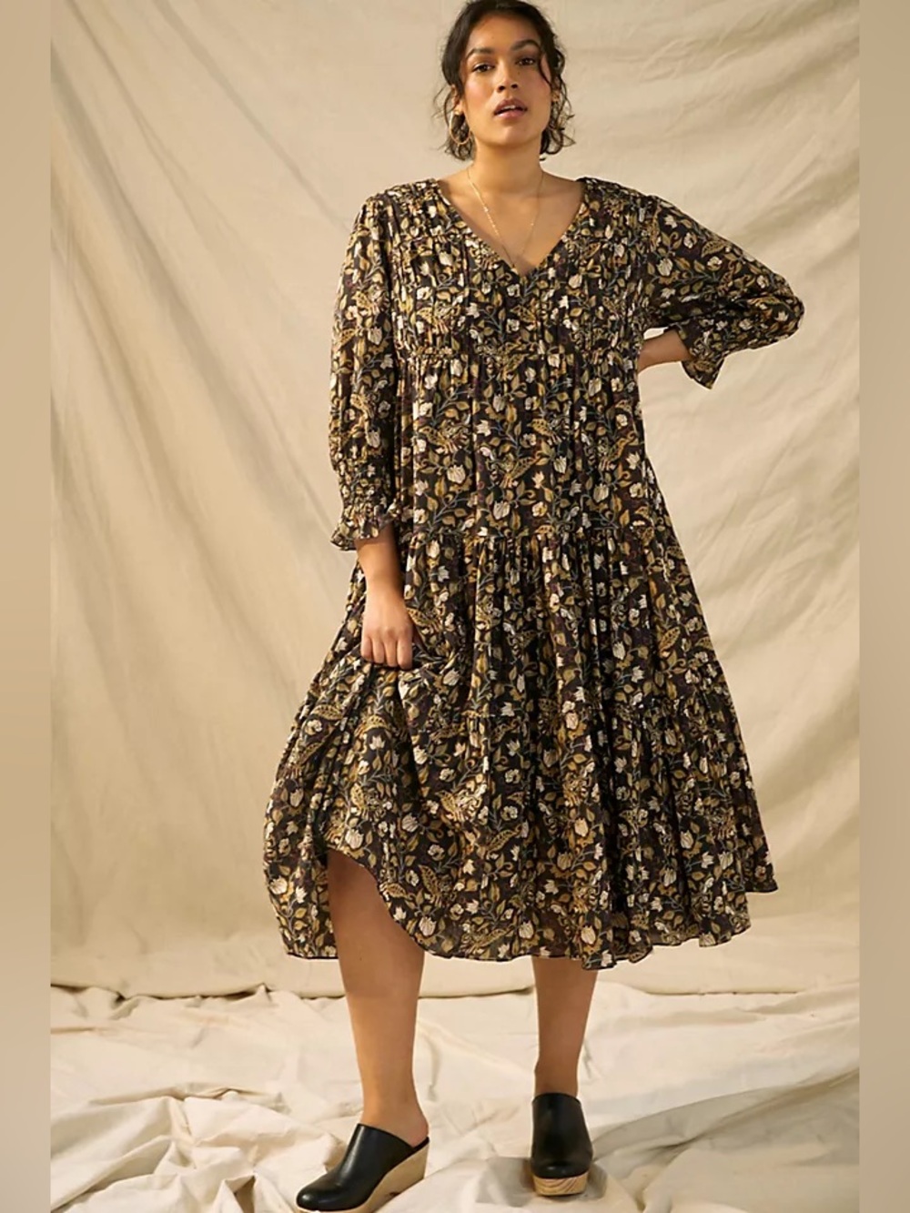 Anthropologie Let Me Be Odette Floral Cotton Midi Dress 12P Petite
